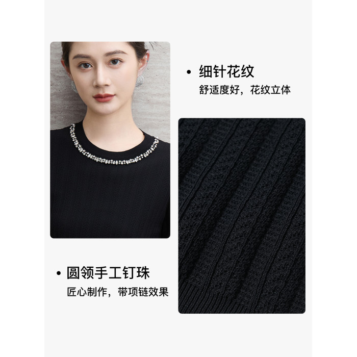 商場同款馬天奴夏季新款黑色短袖法式重工針織衫打底衫女士上衣紫 商場同款馬天奴夏季新款黑色短袖法式重工針織衫打底衫女士上衣紫