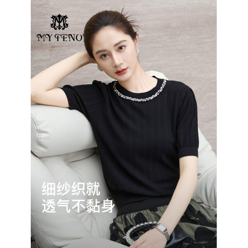 商場同款馬天奴夏季新款黑色短袖法式重工針織衫打底衫女士上衣紫 商場同款馬天奴夏季新款黑色短袖法式重工針織衫打底衫女士上衣紫