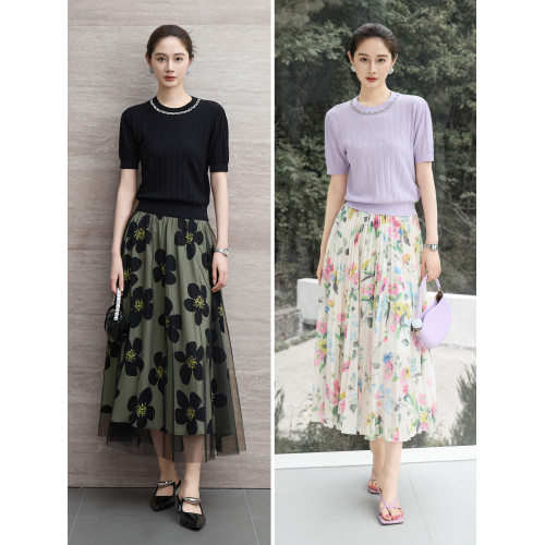 商場同款馬天奴夏季新款黑色短袖法式重工針織衫打底衫女士上衣紫 商場同款馬天奴夏季新款黑色短袖法式重工針織衫打底衫女士上衣紫