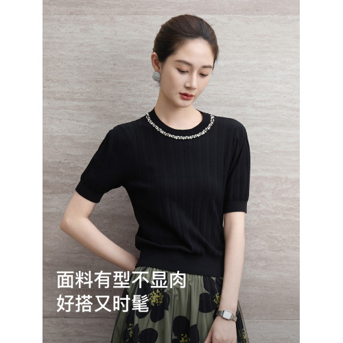 商場同款馬天奴夏季新款黑色短袖法式重工針織衫打底衫女士上衣紫 商場同款馬天奴夏季新款黑色短袖法式重工針織衫打底衫女士上衣紫