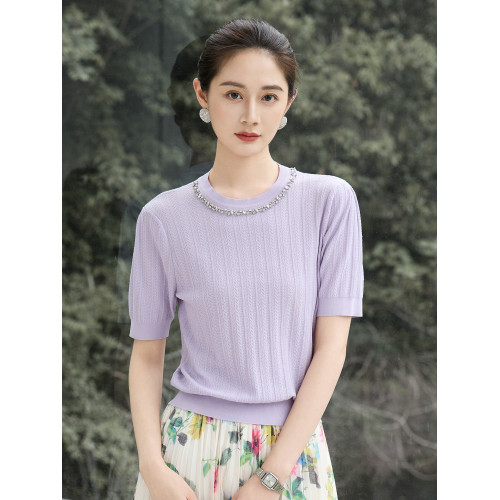 商場同款馬天奴夏季新款黑色短袖法式重工針織衫打底衫女士上衣紫 商場同款馬天奴夏季新款黑色短袖法式重工針織衫打底衫女士上衣紫