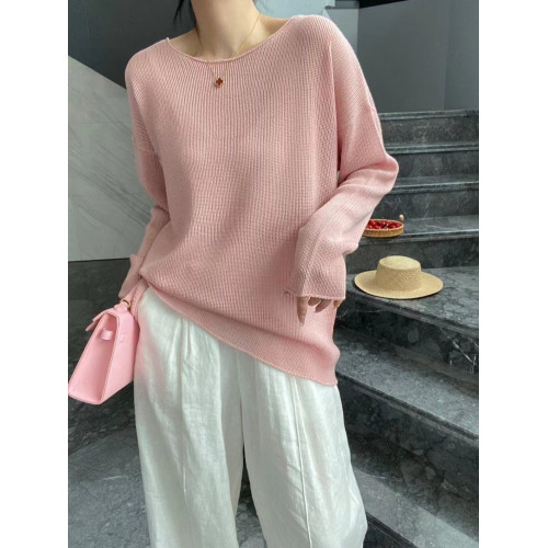 2024春季高級純色羊毛針織衫女慵懶風長袖打底衫春秋內搭圓領毛衣