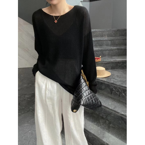 2024春季高級純色羊毛針織衫女慵懶風長袖打底衫春秋內搭圓領毛衣