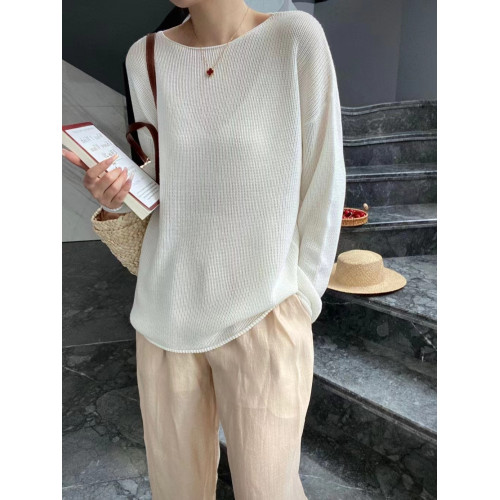 2024春季高級純色羊毛針織衫女慵懶風長袖打底衫春秋內搭圓領毛衣