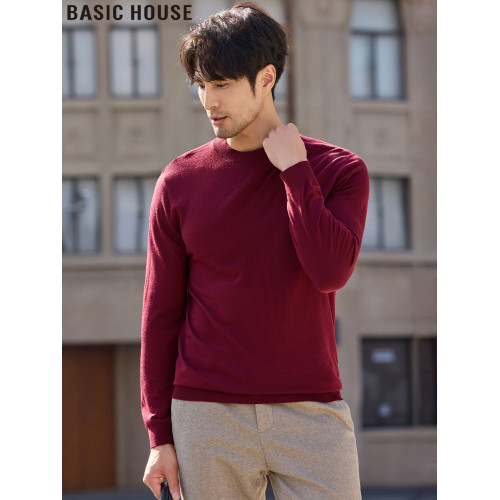 Basic House/百家好新年紅色圓領毛衣男士春季內搭簡約針織打底衫