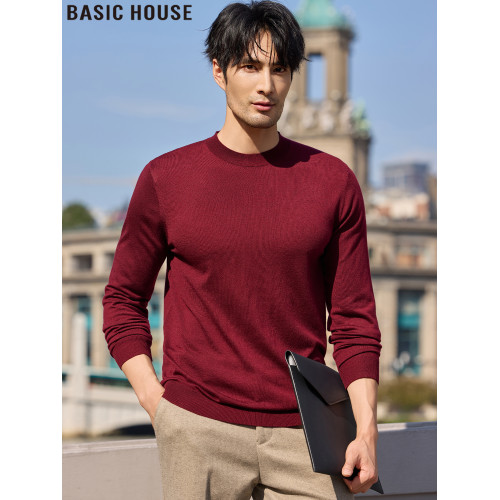 Basic House/百家好新年紅色圓領毛衣男士春季內搭簡約針織打底衫