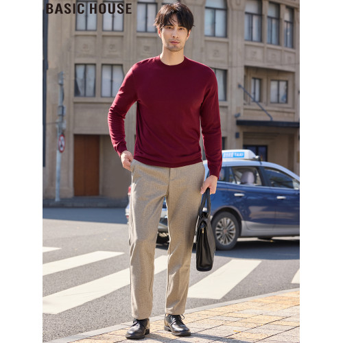 Basic House/百家好新年紅色圓領毛衣男士春季內搭簡約針織打底衫