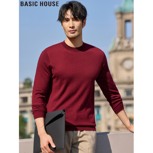 Basic House/百家好新年紅色圓領毛衣男士春季內搭簡約針織打底衫