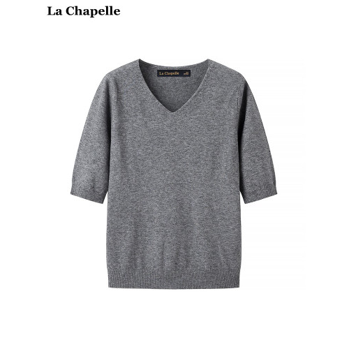 拉夏貝爾/La Chapelle氣質V領針織衫女春夏新款五分袖打底衫上衣