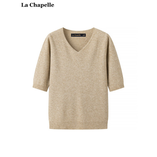 拉夏貝爾/La Chapelle氣質V領針織衫女春夏新款五分袖打底衫上衣