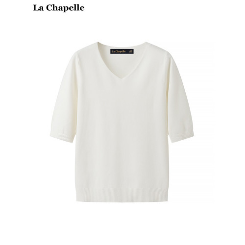 拉夏貝爾/La Chapelle氣質V領針織衫女春夏新款五分袖打底衫上衣