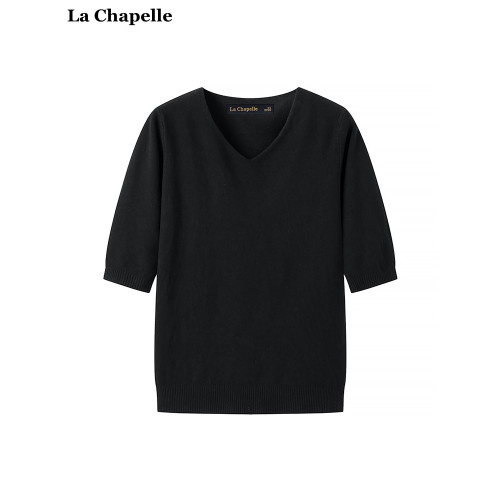 拉夏貝爾/La Chapelle氣質V領針織衫女春夏新款五分袖打底衫上衣