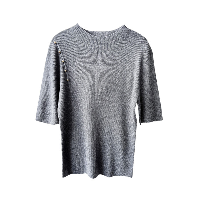 左左家 點睛金屬釦~彈力顯瘦短袖精紡羊毛針織衫女坑條氣質打底衫 左左家 點睛金屬釦~彈力顯瘦短袖精紡羊毛針織衫女坑條氣質打底衫