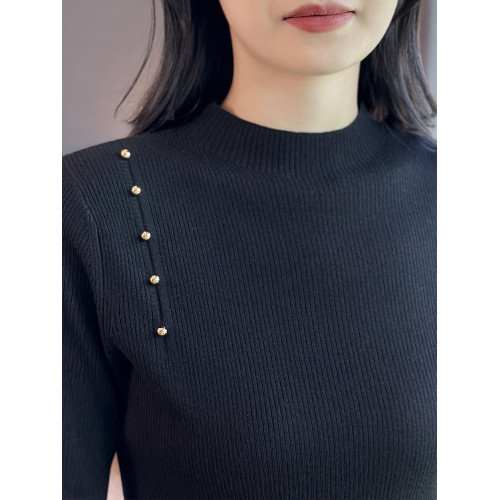 左左家 點睛金屬釦~彈力顯瘦短袖精紡羊毛針織衫女坑條氣質打底衫 左左家 點睛金屬釦~彈力顯瘦短袖精紡羊毛針織衫女坑條氣質打底衫