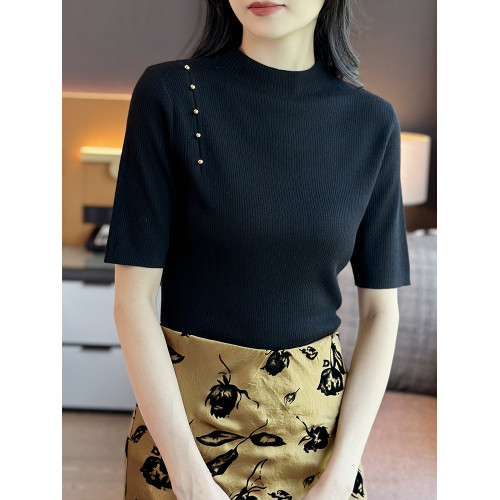 左左家 點睛金屬釦~彈力顯瘦短袖精紡羊毛針織衫女坑條氣質打底衫 左左家 點睛金屬釦~彈力顯瘦短袖精紡羊毛針織衫女坑條氣質打底衫