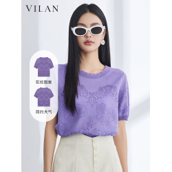 vilan/慧蘭針織衫女2025夏季新款圓領針織提花短袖顯瘦上衣打底衫
