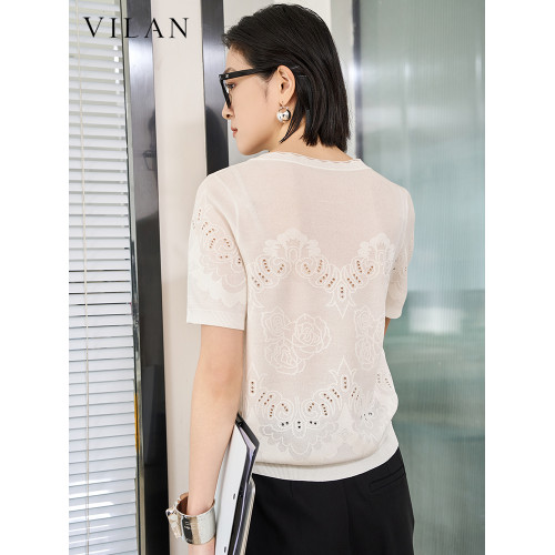 vilan/慧蘭針織衫女2025夏季新款圓領針織提花短袖顯瘦上衣打底衫