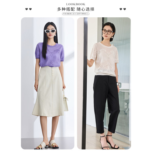 vilan/慧蘭針織衫女2025夏季新款圓領針織提花短袖顯瘦上衣打底衫