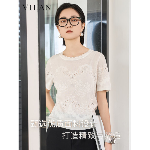 vilan/慧蘭針織衫女2025夏季新款圓領針織提花短袖顯瘦上衣打底衫