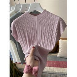 冰絲坑條暗紋理竪條紋春夏季圓領短袖針織衫女修身顯瘦打底衫上衣