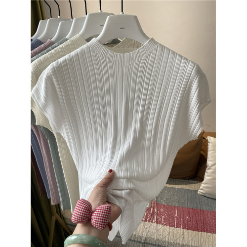 冰絲坑條暗紋理竪條紋春夏季圓領短袖針織衫女修身顯瘦打底衫上衣