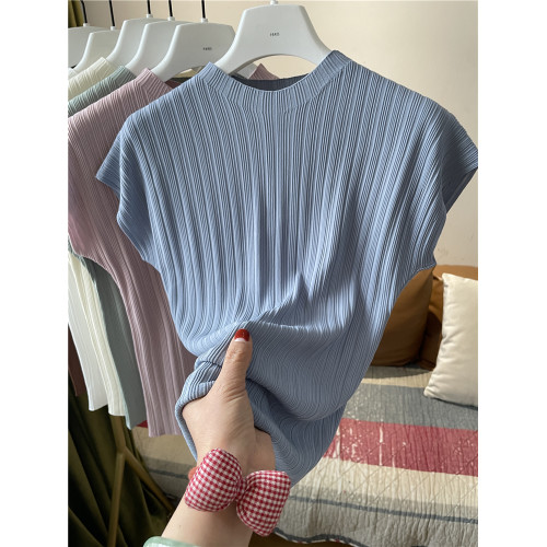 冰絲坑條暗紋理竪條紋春夏季圓領短袖針織衫女修身顯瘦打底衫上衣