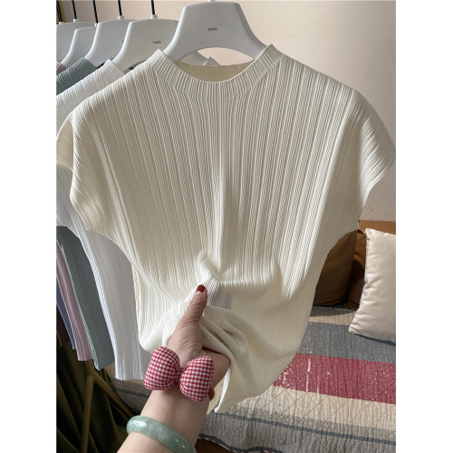 冰絲坑條暗紋理竪條紋春夏季圓領短袖針織衫女修身顯瘦打底衫上衣