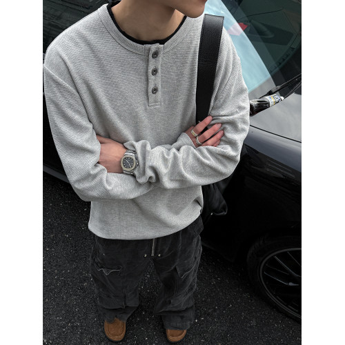 MANCHER 350G新鑽石紋肌理感亨利領純色衛衣男女寬松長袖打底衫潮