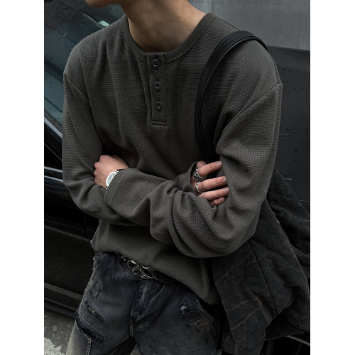 MANCHER 350G新鑽石紋肌理感亨利領純色衛衣男女寬松長袖打底衫潮