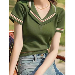 品牌折釦夏裝薄款透氣針織衫時尚氣質v領套頭打底衫修身顯瘦上衣