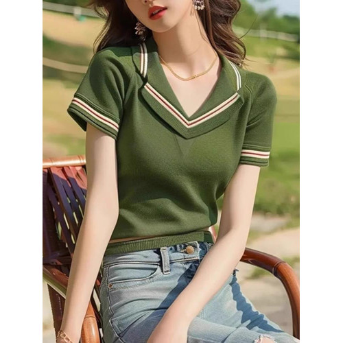 品牌折釦夏裝薄款透氣針織衫時尚氣質v領套頭打底衫修身顯瘦上衣