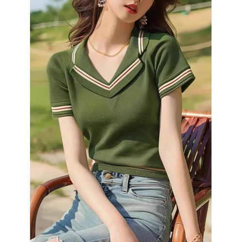 品牌折釦夏裝薄款透氣針織衫時尚氣質v領套頭打底衫修身顯瘦上衣