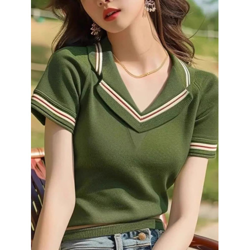 品牌折釦夏裝薄款透氣針織衫時尚氣質v領套頭打底衫修身顯瘦上衣