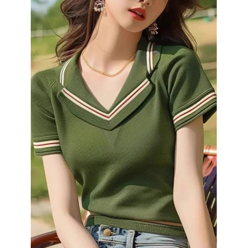 品牌折釦夏裝薄款透氣針織衫時尚氣質v領套頭打底衫修身顯瘦上衣