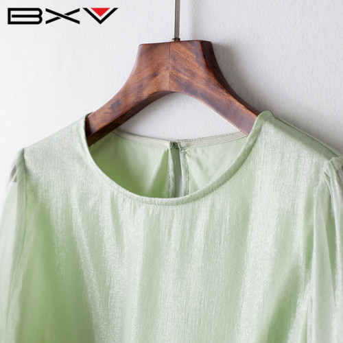 BXV燈籠袖真絲襯衫女2024夏季新款簡約淺綠色七分袖桑蠶絲打底衫