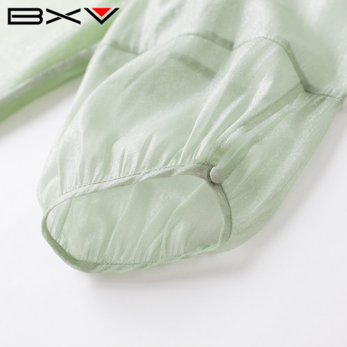 BXV燈籠袖真絲襯衫女2024夏季新款簡約淺綠色七分袖桑蠶絲打底衫