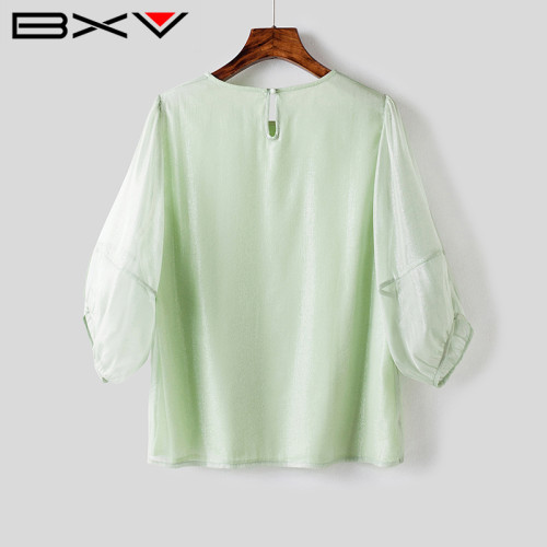 BXV燈籠袖真絲襯衫女2024夏季新款簡約淺綠色七分袖桑蠶絲打底衫
