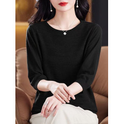 春夏裝薄款內搭圓領純色棉線針織衫女韓版寬松顯瘦七分袖打底衫薄