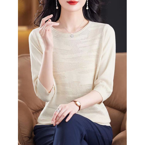 春夏裝薄款內搭圓領純色棉線針織衫女韓版寬松顯瘦七分袖打底衫薄