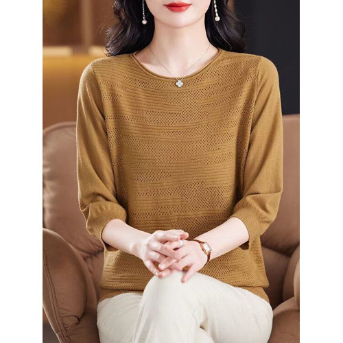 春夏裝薄款內搭圓領純色棉線針織衫女韓版寬松顯瘦七分袖打底衫薄