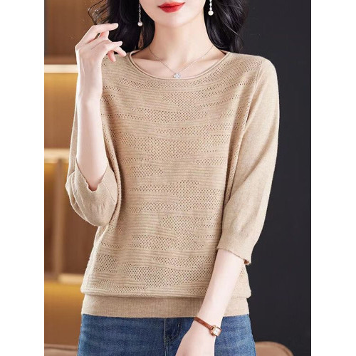 春夏裝薄款內搭圓領純色棉線針織衫女韓版寬松顯瘦七分袖打底衫薄