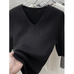 夏季2025新款v領修身內搭針織打底衫女正肩高級灰色五分袖上衣薄