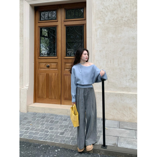 藍色針織衫女2025春新款露肩系帶高級感打底衫一字肩顯瘦開叉上衣