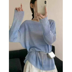 2025春夏新款歐貨進口和紙紗漸變色針織衫女寬松慵懶風打底衫上衣