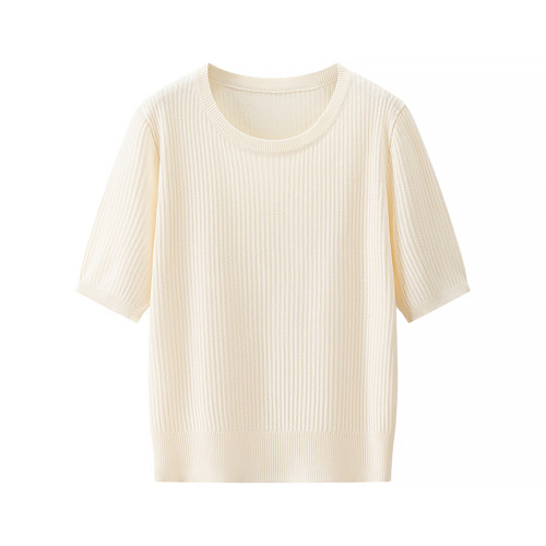 艾格2025年夏季新款純色短袖針織衫女百搭打底衫圓領時尚氣質上衣