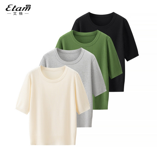 艾格2025年夏季新款純色短袖針織衫女百搭打底衫圓領時尚氣質上衣