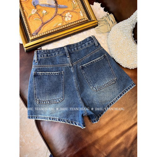 專櫃品質深色磨破牛仔褲女短褲夏季2025新款寬松顯瘦休閒濶腿熱褲