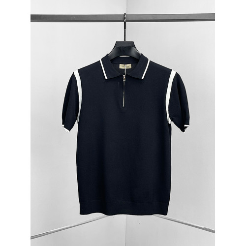 春秋季新款男士翻領短袖針織衫韓版修身半拉鍊休閒百搭毛衣打底衫