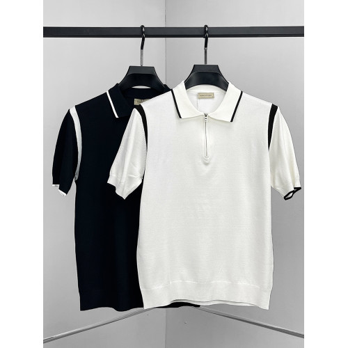 春秋季新款男士翻領短袖針織衫韓版修身半拉鍊休閒百搭毛衣打底衫