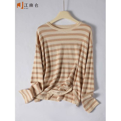 江南倉||品牌折釦經典條紋圓領針織衫女秋冬款長袖軟糯羊毛打底衫